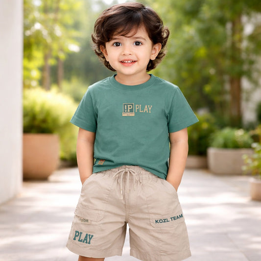 KIDZELLO Baby Boy Green “Play” T-Shirt & Beige Shorts Set – Stylish Summer Outfit (6 Months to 3 Years)