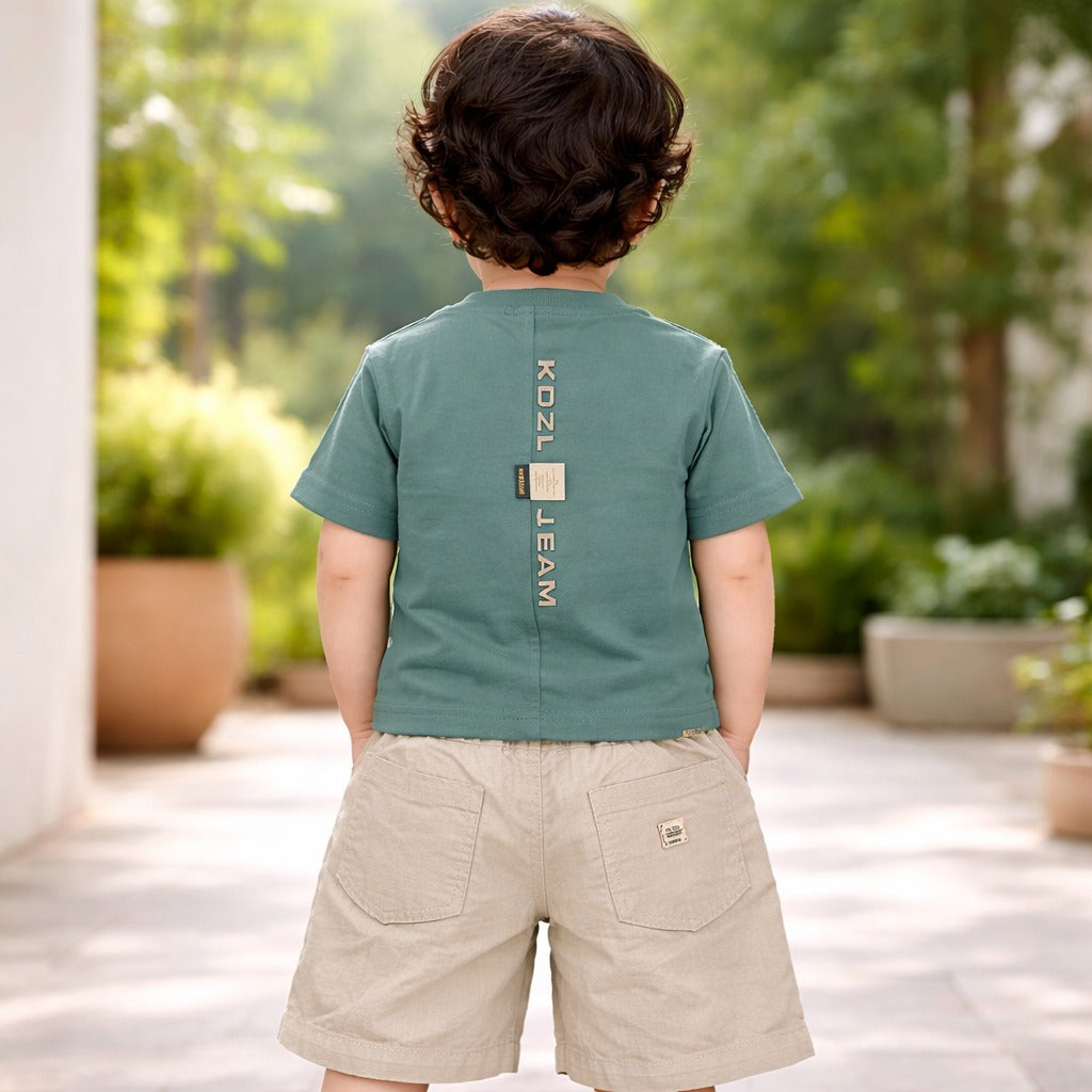 KIDZELLO Baby Boy Green “Play” T-Shirt & Beige Shorts Set – Stylish Summer Outfit (6 Months to 3 Years)