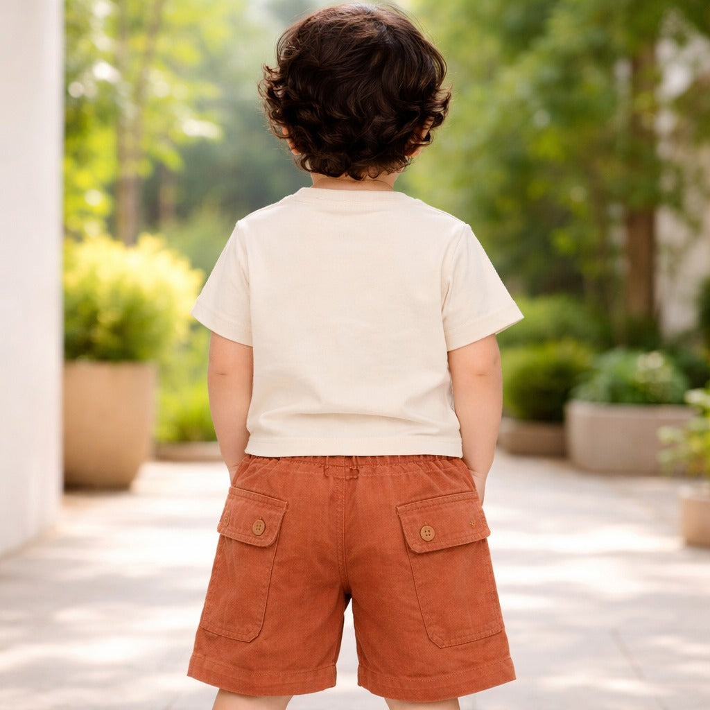 KIDZELLO Baby Boy Fawn Pocket T-Shirt & Cargo Shorts Set – Stylish Summer Outfit (6 Months to 3 Years)