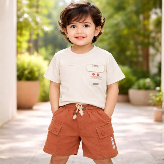 KIDZELLO Baby Boy Fawn Pocket T-Shirt & Cargo Shorts Set – Stylish Summer Outfit (6 Months to 3 Years)