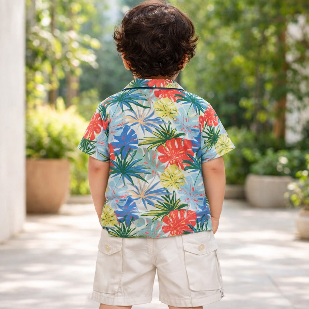 KIDZELLO Baby Boys Tropical Print Co-ord Set – Shirt, T-Shirt & Shorts (6 Months–3 Years)