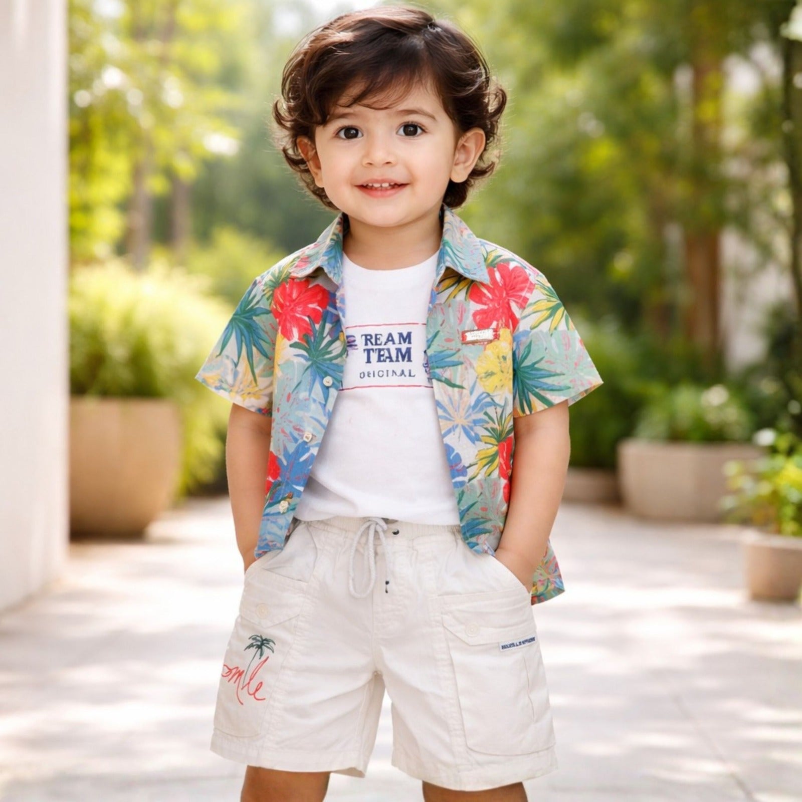KIDZELLO Baby Boys Tropical Print Co-ord Set – Shirt, T-Shirt & Shorts (6 Months–3 Years)