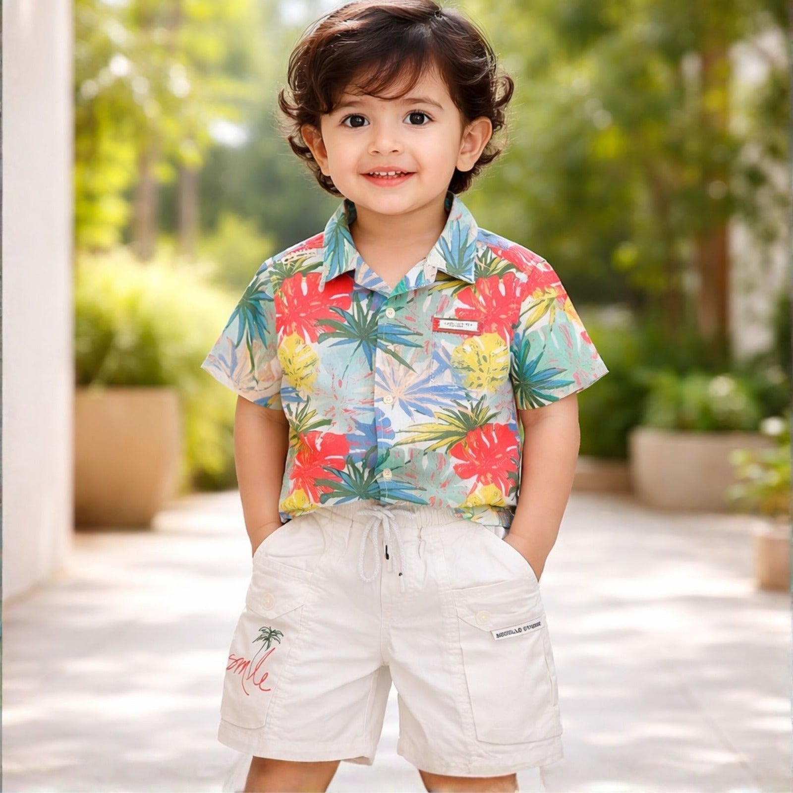 KIDZELLO Baby Boys Tropical Print Co-ord Set – Shirt, T-Shirt & Shorts (6 Months–3 Years)