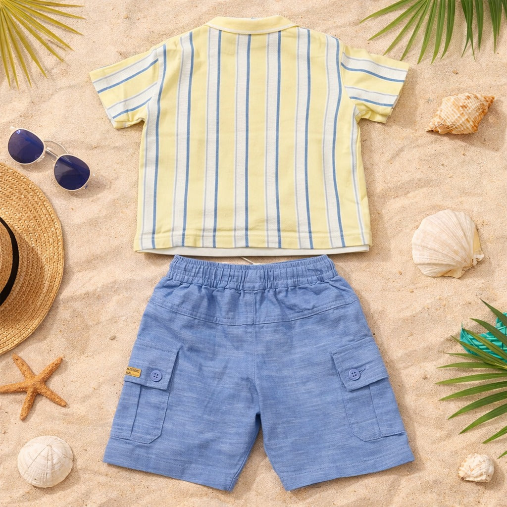 KIDZELLO Baby Boy Lemon Stripe Shirt, T-Shirt & Blue Shorts Set – Summer Beach Outfit (6 Months to 3 Years)