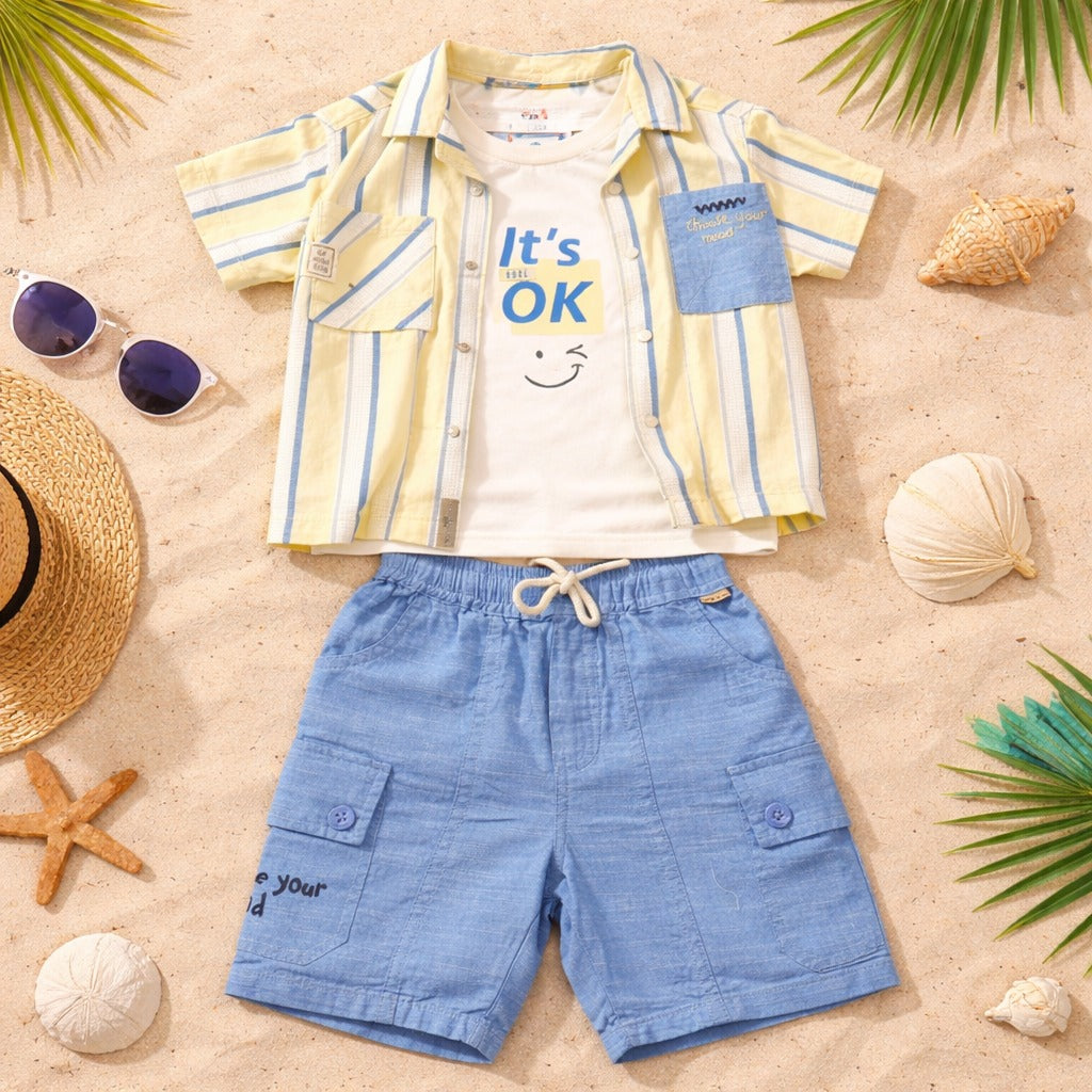 KIDZELLO Baby Boy Lemon Stripe Shirt, T-Shirt & Blue Shorts Set – Summer Beach Outfit (6 Months to 3 Years)