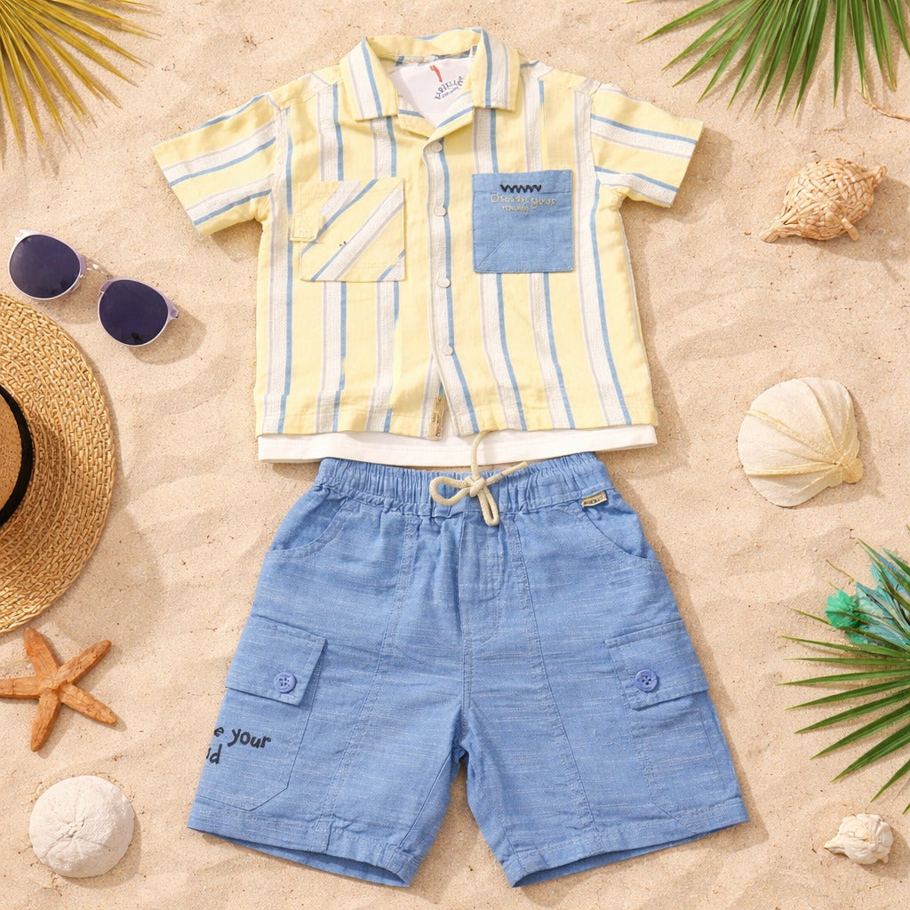 KIDZELLO Baby Boy Lemon Stripe Shirt, T-Shirt & Blue Shorts Set – Summer Beach Outfit (6 Months to 3 Years)