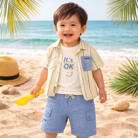 KIDZELLO Baby Boy Lemon Stripe Shirt, T-Shirt & Blue Shorts Set – Summer Beach Outfit (6 Months to 3 Years)