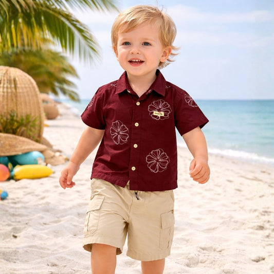 KIDZELLO Baby Boy Chocolate Floral Print Shirt & Beige Cargo Shorts Set – Stylish Summer Outfit (6 Months to 3 Years)