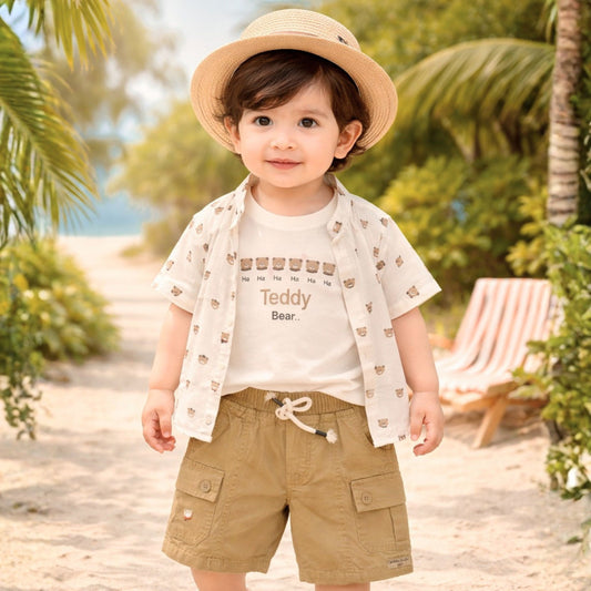 KIDZELLO Baby Boy Teddy Bear Print Shirt, T-Shirt & Cargo Shorts Set – Fawn Color Summer Outfit (0–24 Months)