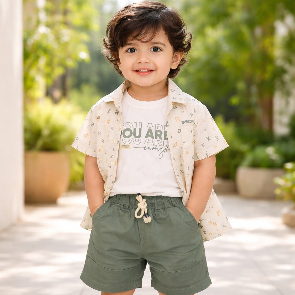 KIDZELLO Baby Boy Printed Shirt & Soft Green Shorts Set – Stylish Summer Outfit (6 Months to 3 Years)