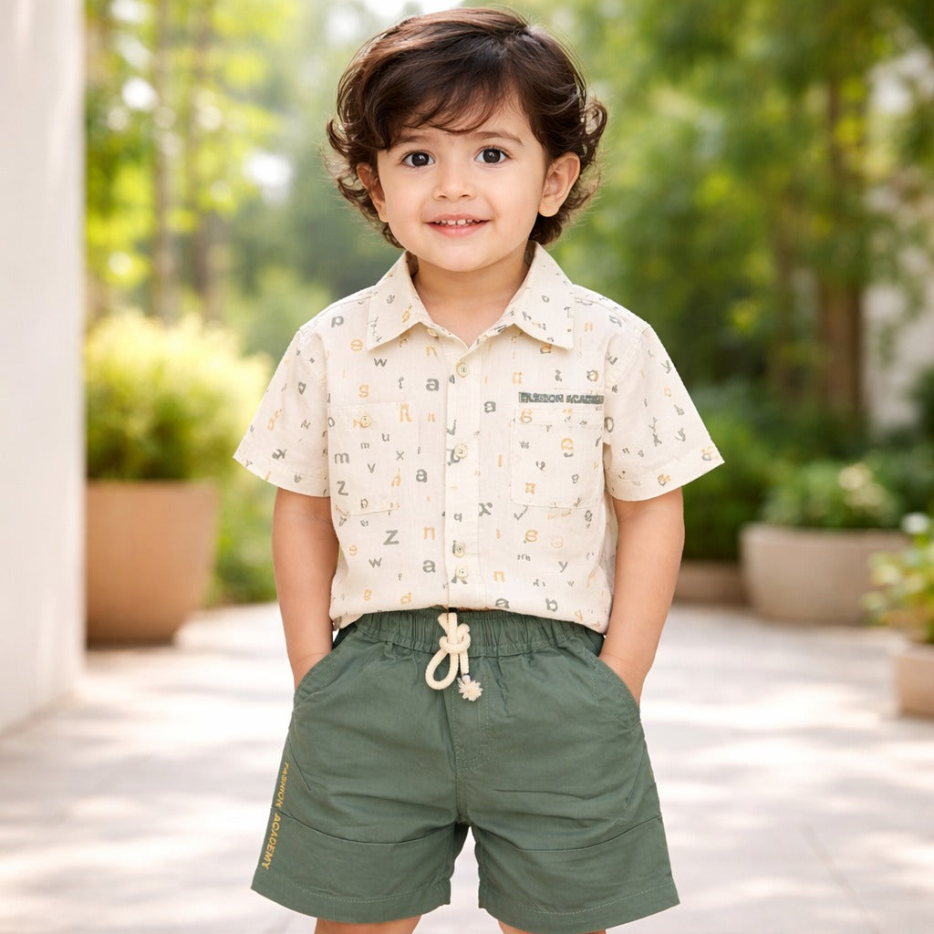 KIDZELLO Baby Boy Printed Shirt & Soft Green Shorts Set – Stylish Summer Outfit (6 Months to 3 Years)