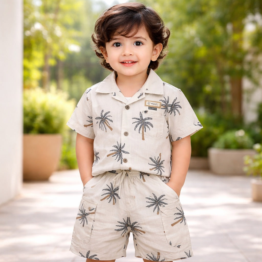 KIDZELLO Baby Boys Summer Co-ord Set – Palm Print Shirt & Shorts (6 Months–3 Years)
