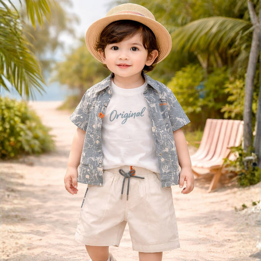 KIDZELLO Boys Grey Summer Outfit Set – Printed Shirt, Original T-Shirt & Cotton Shorts | 6 Months to 3 Years