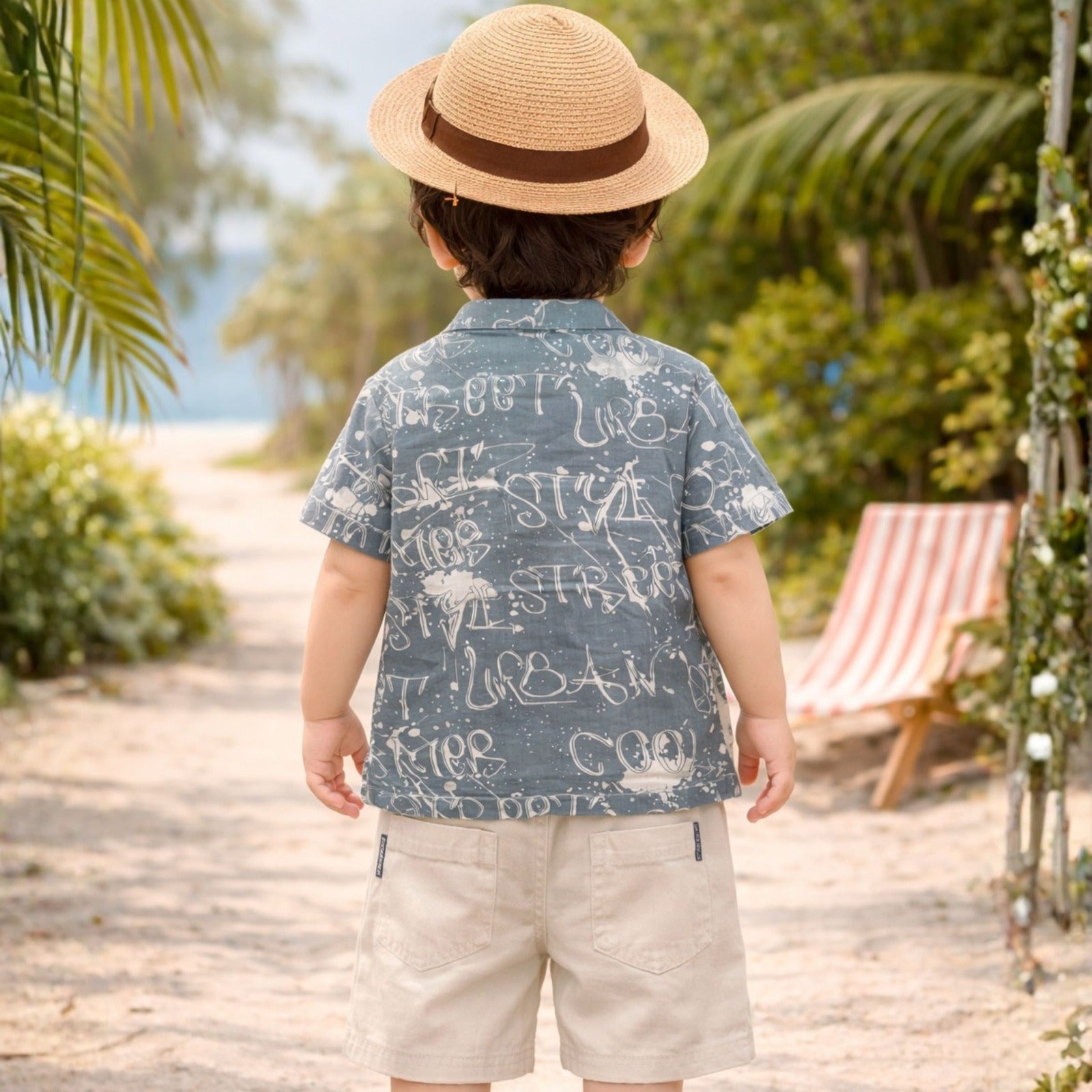 KIDZELLO Boys Grey Summer Outfit Set – Printed Shirt, Original T-Shirt & Cotton Shorts | 6 Months to 3 Years