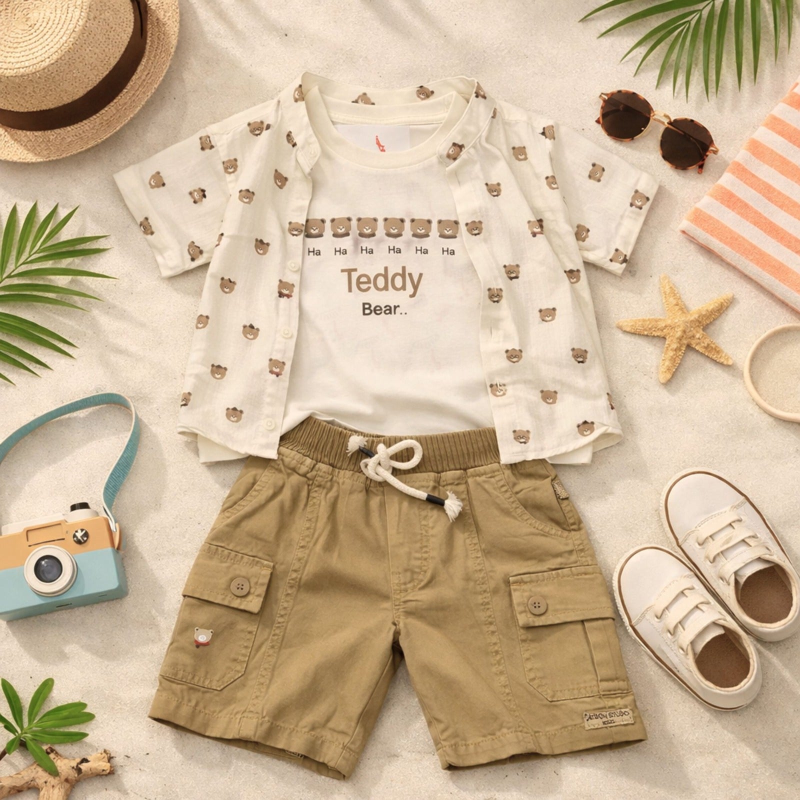 KIDZELLO Baby Boy Teddy Bear Print Shirt, T-Shirt & Cargo Shorts Set – Fawn Color Summer Outfit (0–24 Months)