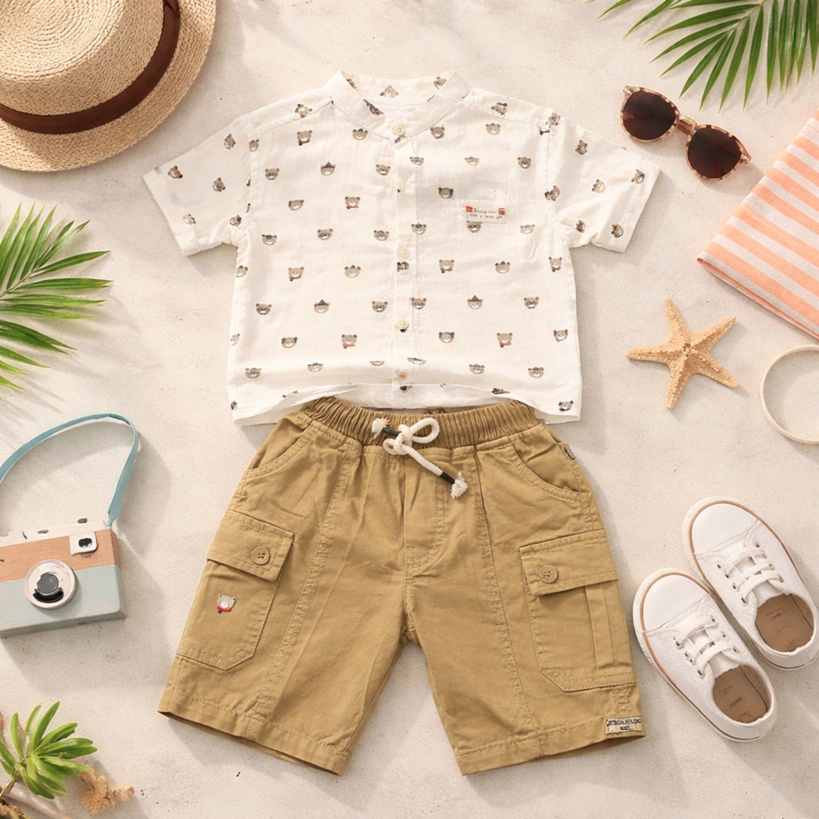 KIDZELLO Baby Boy Teddy Bear Print Shirt, T-Shirt & Cargo Shorts Set – Fawn Color Summer Outfit (0–24 Months)