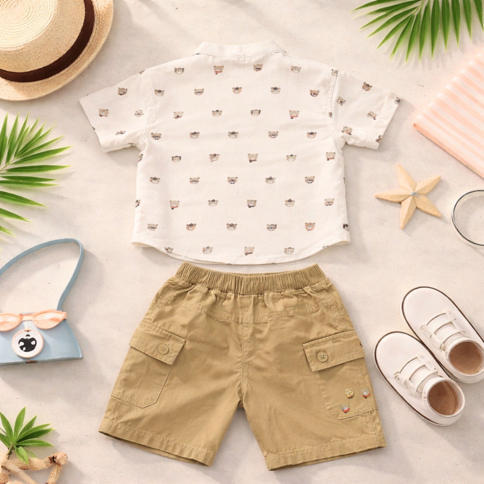 KIDZELLO Baby Boy Teddy Bear Print Shirt, T-Shirt & Cargo Shorts Set – Fawn Color Summer Outfit (0–24 Months)