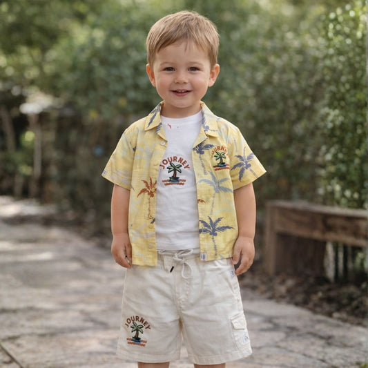 KIDZELLO Baby Boy Lemon Palm Print Shirt, T-Shirt & Cargo Shorts Set – Summer Outfit (6 Months to 3 Years)