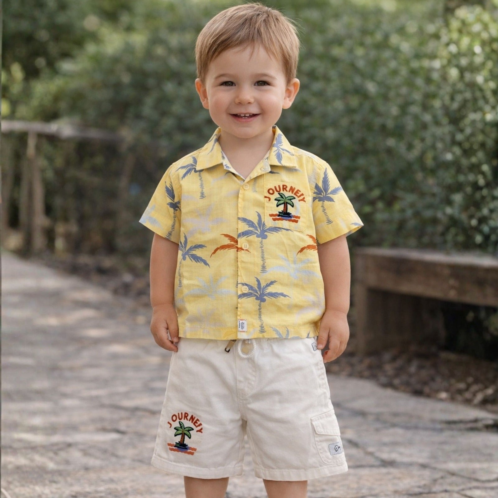 KIDZELLO Baby Boy Lemon Palm Print Shirt, T-Shirt & Cargo Shorts Set – Summer Outfit (6 Months to 3 Years)