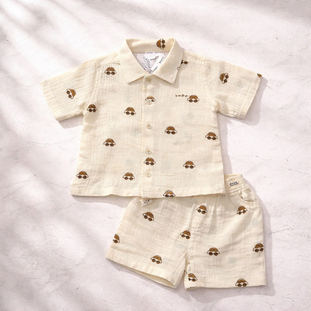 KIDZELLO Baby Boys Mustard Printed Cotton Shirt & Shorts Set (0-12 Months)
