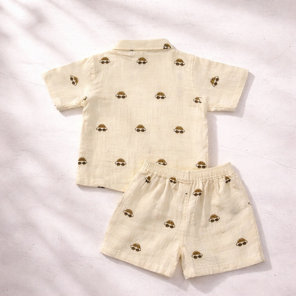 KIDZELLO Baby Boys Mustard Printed Cotton Shirt & Shorts Set (0-12 Months)