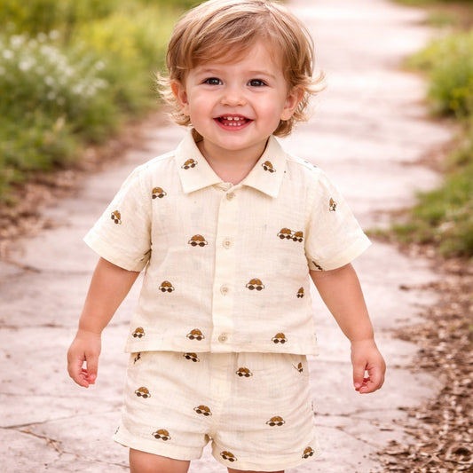 KIDZELLO Baby Boys Mustard Printed Cotton Shirt & Shorts Set (0-12 Months)