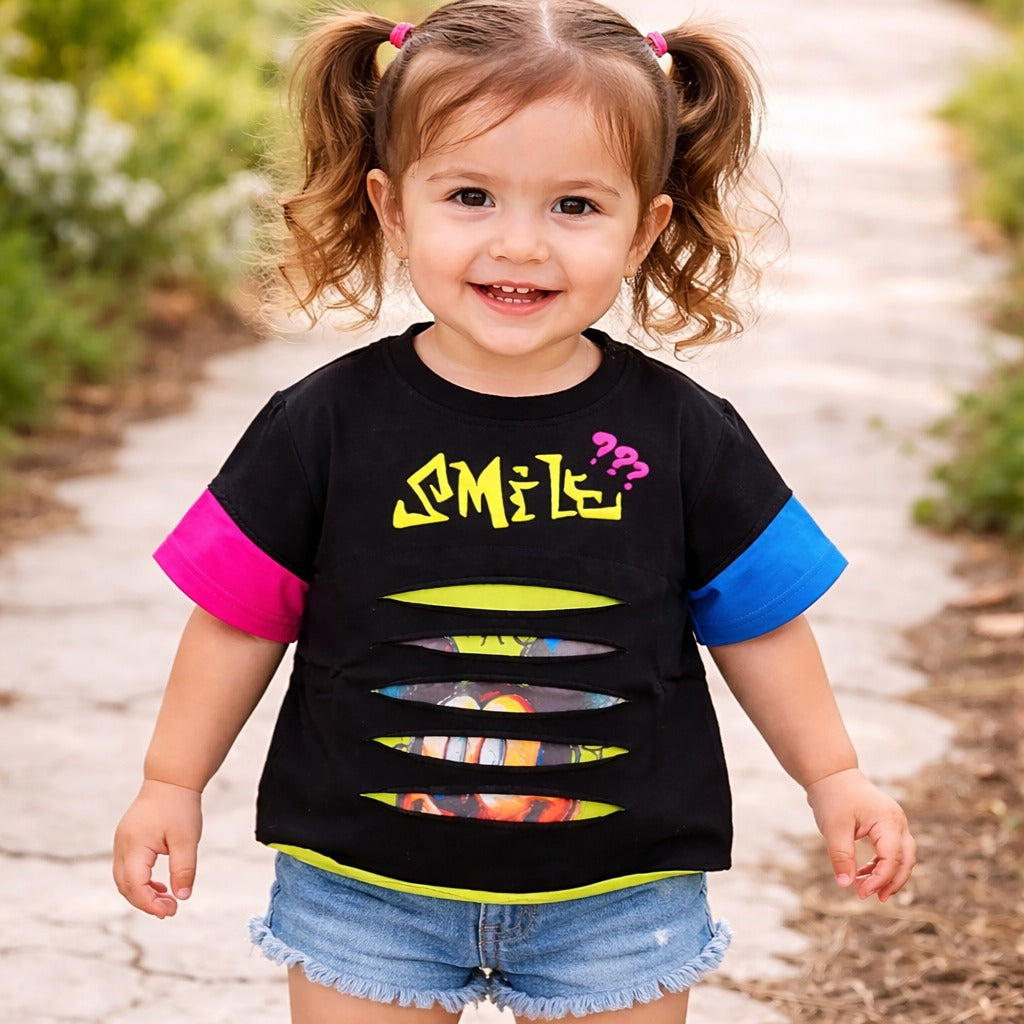 SMILE BABY Kids Street Style Cut-Out Graphic T-Shirt (5Y–14+Y) – Black & White