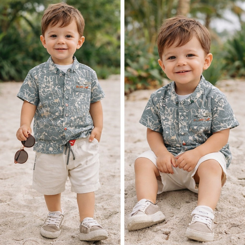 KIDZELLO Boys Grey Summer Outfit Set – Printed Shirt, Original T-Shirt & Cotton Shorts | 6 Months to 3 Years