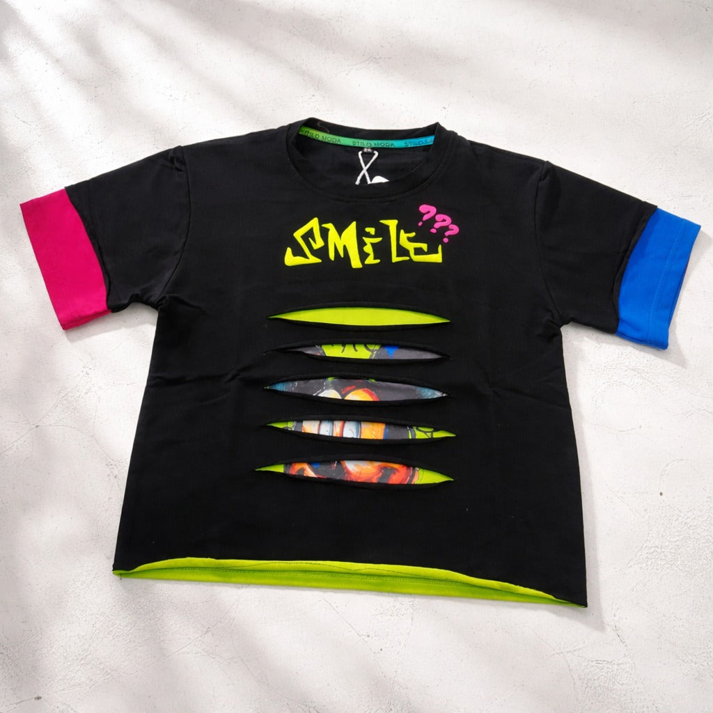 SMILE BABY Kids Street Style Cut-Out Graphic T-Shirt (5Y–14+Y) – Black & White
