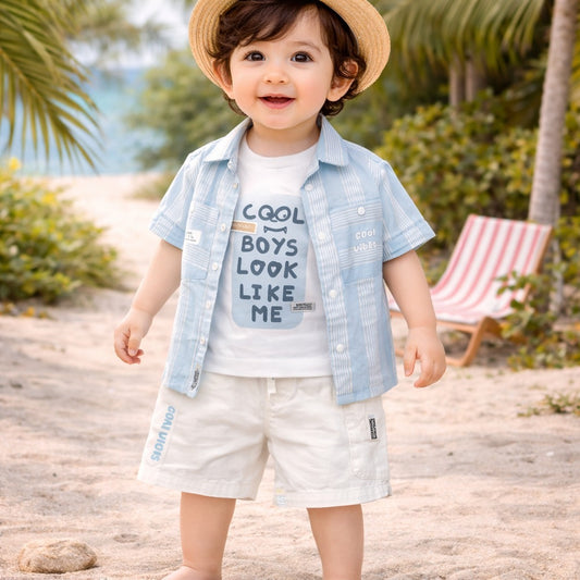 KIDZELLO Baby Boys Sky Blue Summer Co-ord Set – Striped Shirt, T-Shirt & Shorts (6 Months–3 Years)