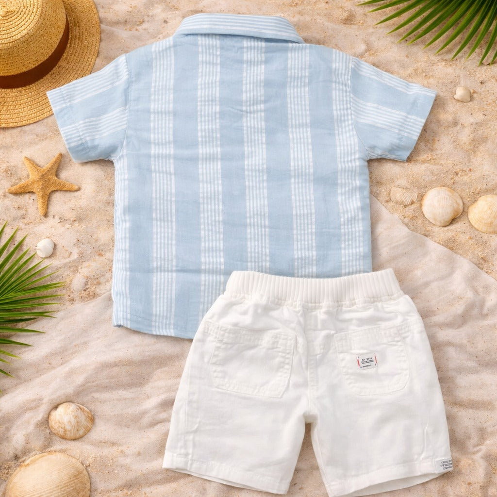 KIDZELLO Baby Boys Sky Blue Summer Co-ord Set – Striped Shirt, T-Shirt & Shorts (6 Months–3 Years)