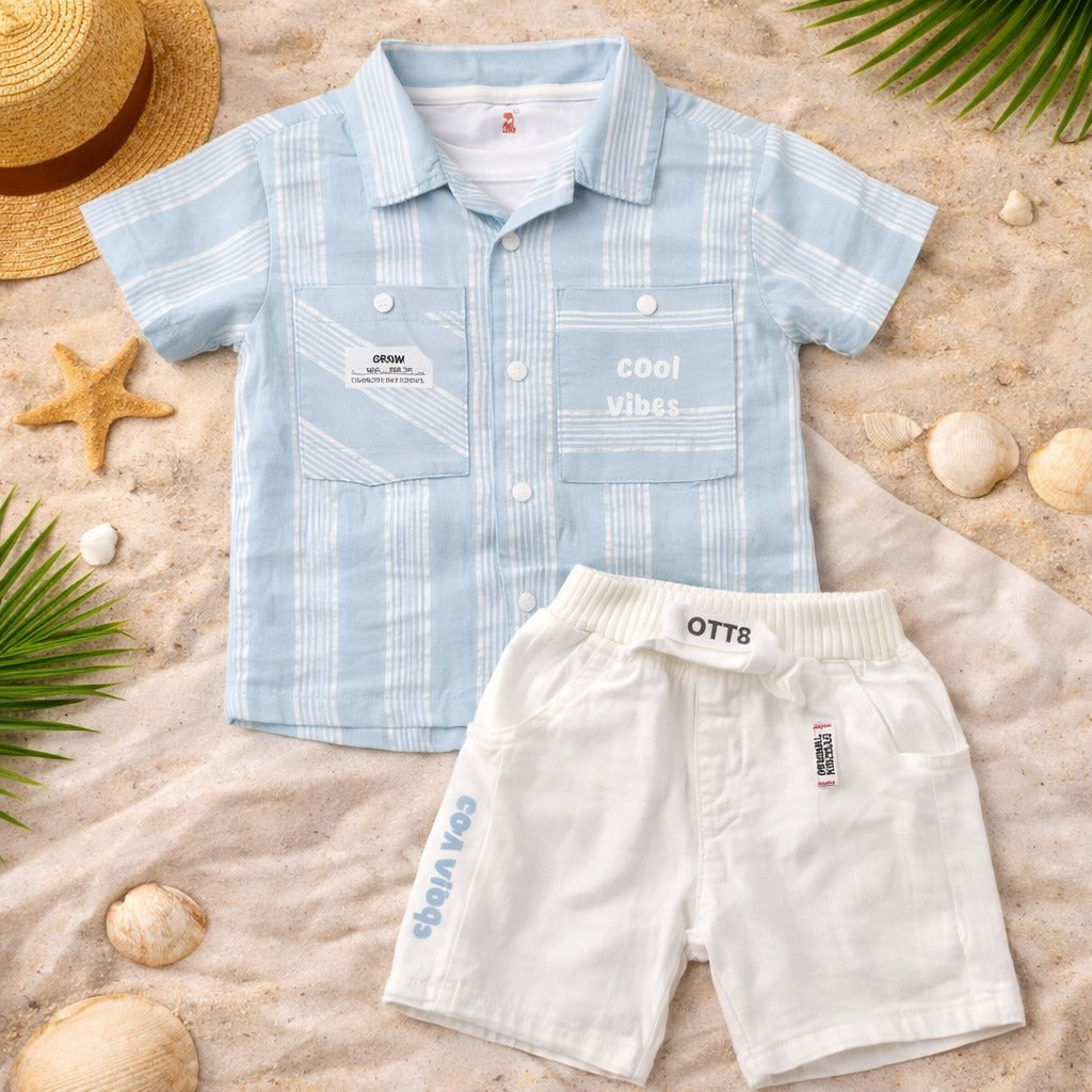 KIDZELLO Baby Boys Sky Blue Summer Co-ord Set – Striped Shirt, T-Shirt & Shorts (6 Months–3 Years)
