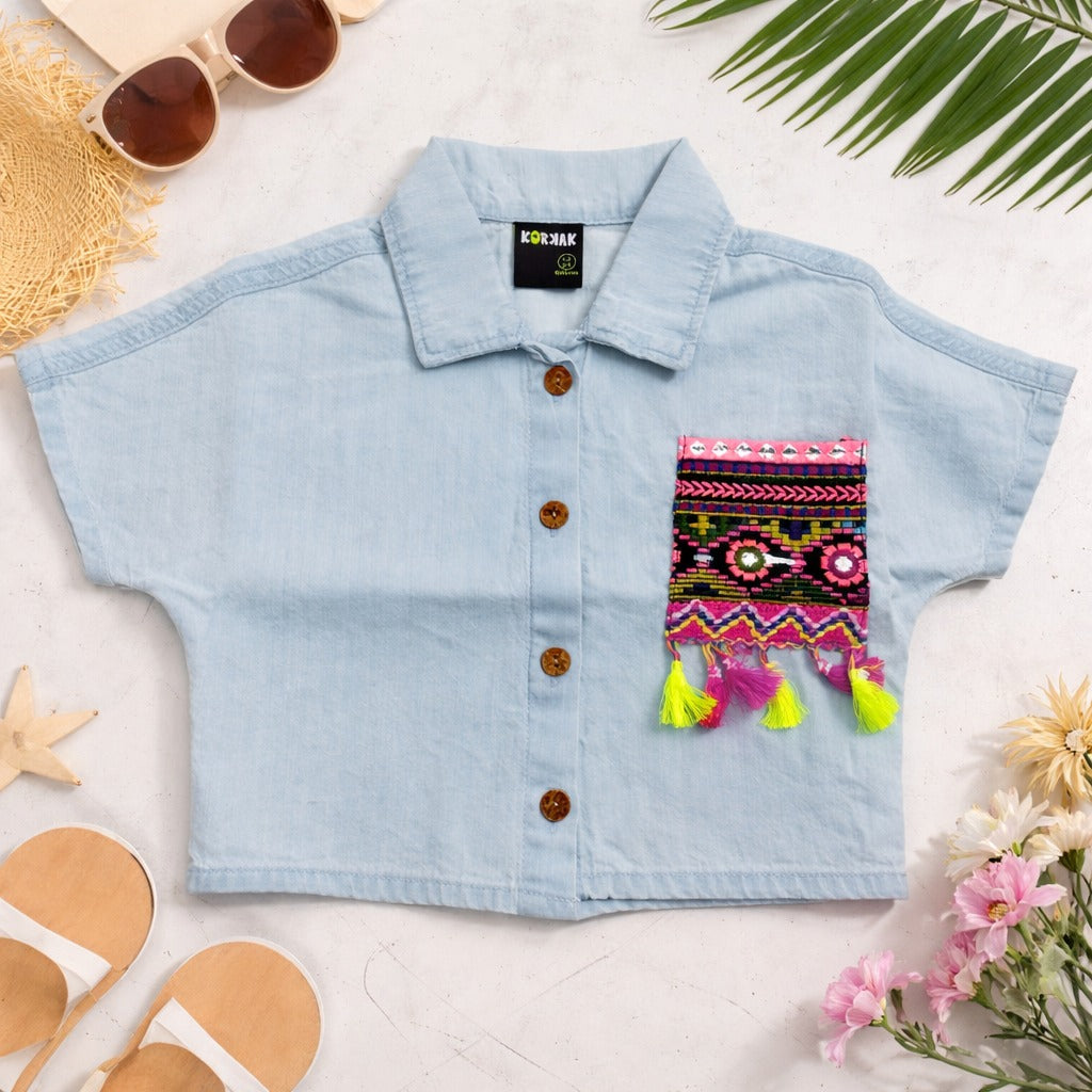 VITAMINS Girls Ice Blue Cotton Shirt with Ethnic Tassel Pocket (18M–12Y)