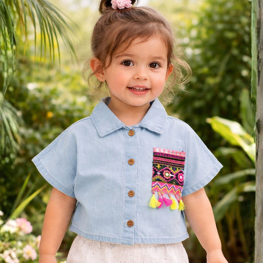 VITAMINS Girls Ice Blue Cotton Shirt with Ethnic Tassel Pocket (18M–12Y)