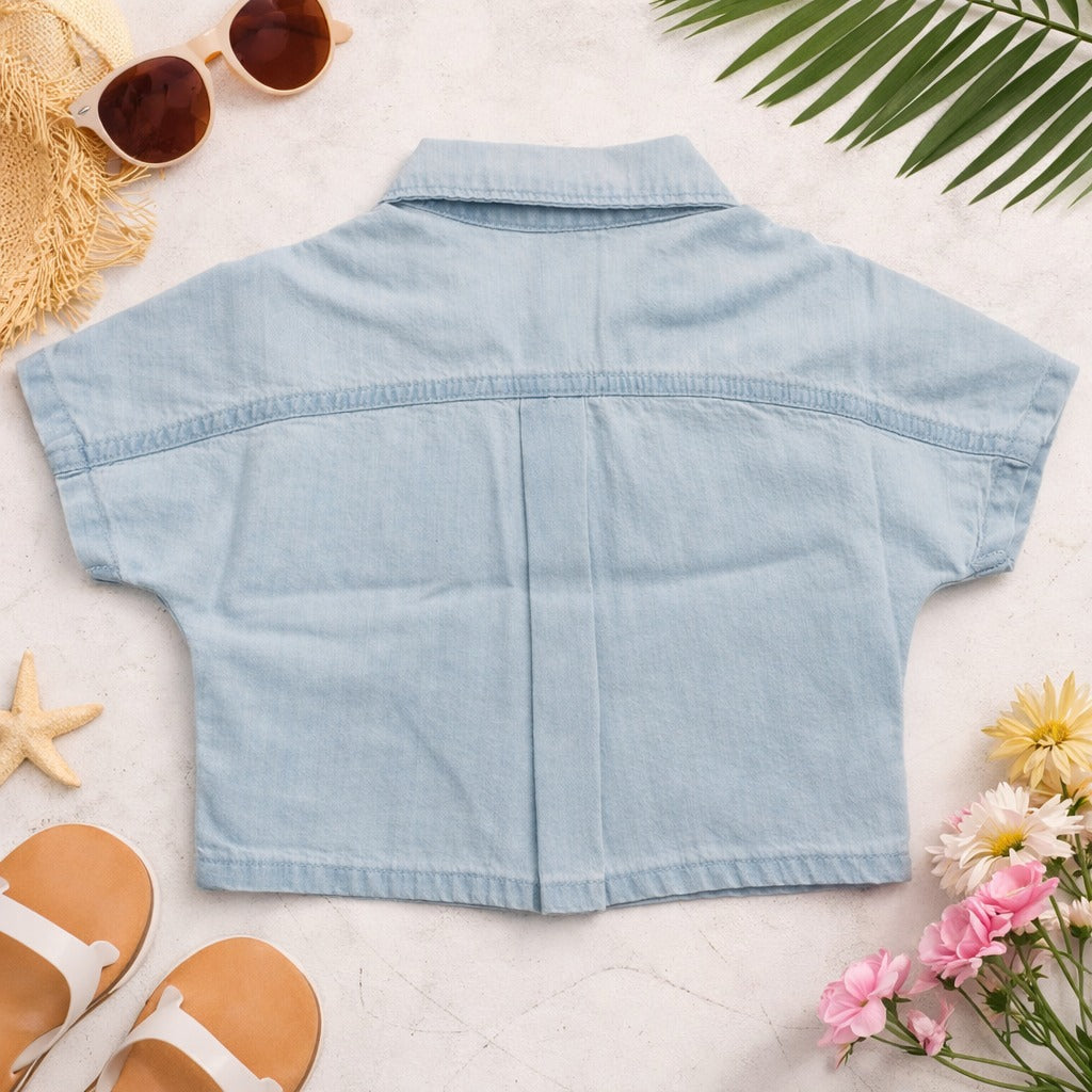 VITAMINS Girls Ice Blue Cotton Shirt with Ethnic Tassel Pocket (18M–12Y)