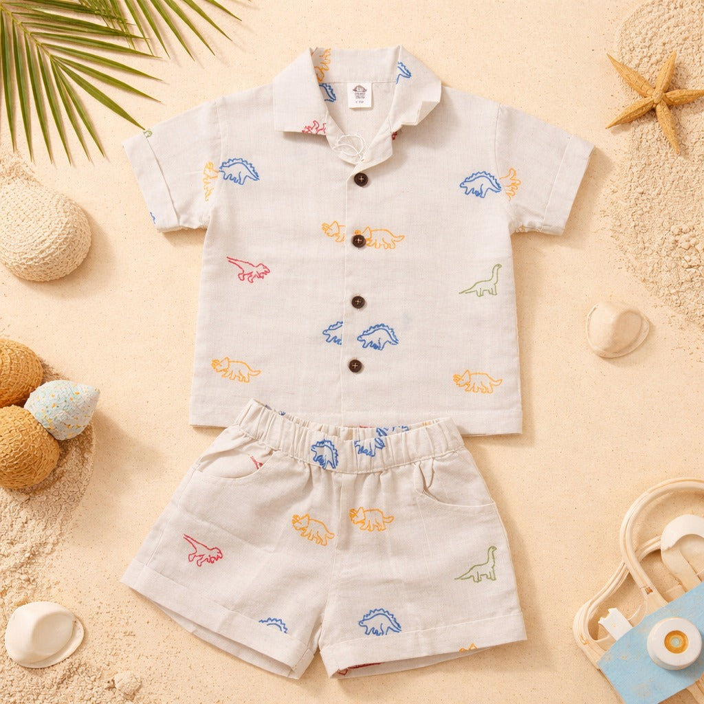 INFANT HOUSE Baby Boys Fawn Dinosaur Print Cotton Shirt & Shorts Set (3M–3Y)
