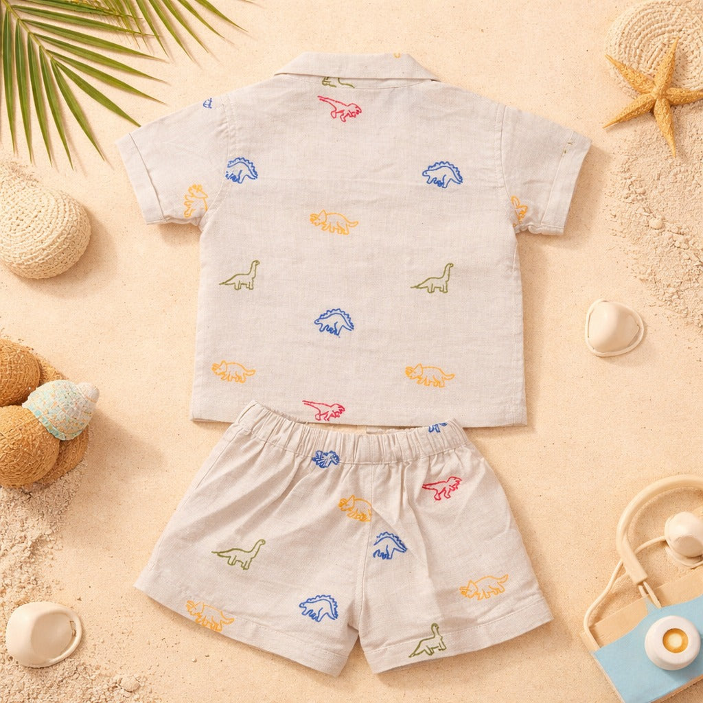 INFANT HOUSE Baby Boys Fawn Dinosaur Print Cotton Shirt & Shorts Set (3M–3Y)
