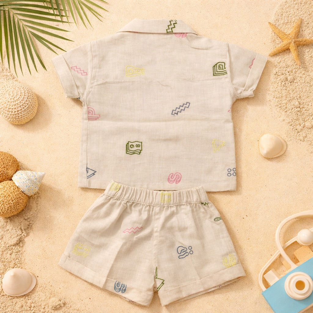 INFANT HOUSE Baby Boys Fawn Abstract Print Cotton Shirt & Shorts Set (3M–3Y)