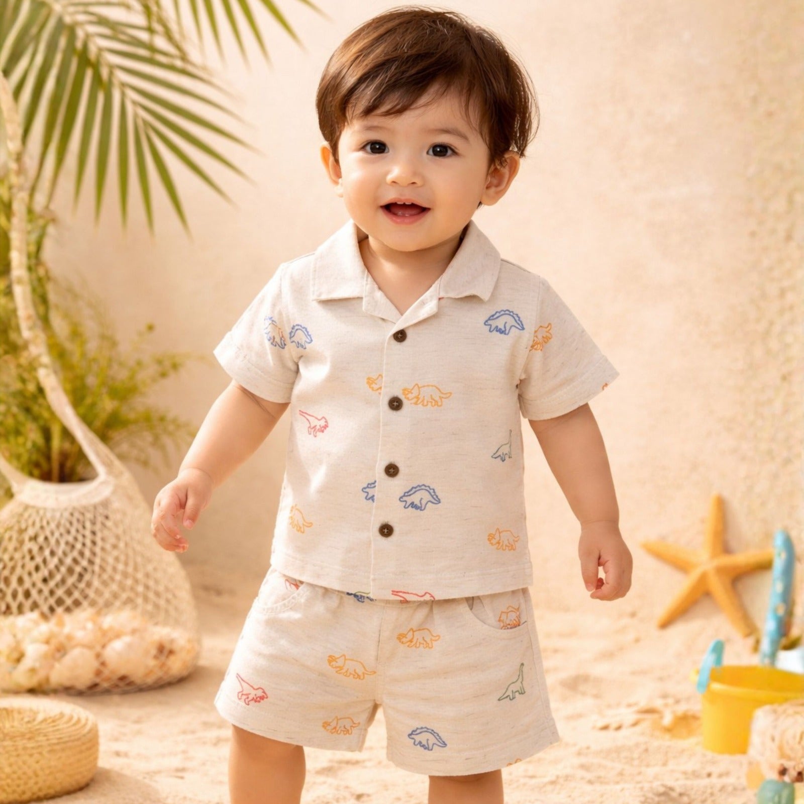INFANT HOUSE Baby Boys Fawn Dinosaur Print Cotton Shirt & Shorts Set (3M–3Y)