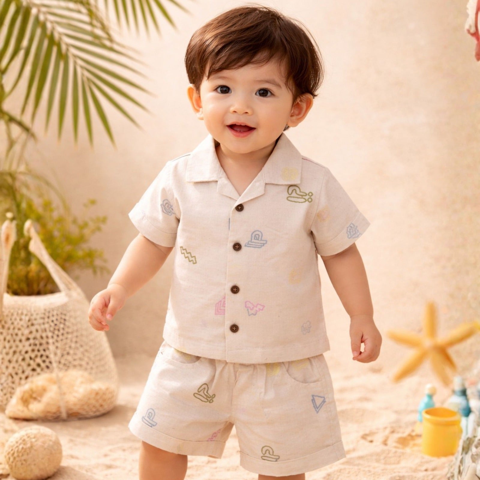 INFANT HOUSE Baby Boys Fawn Abstract Print Cotton Shirt & Shorts Set (3M–3Y)