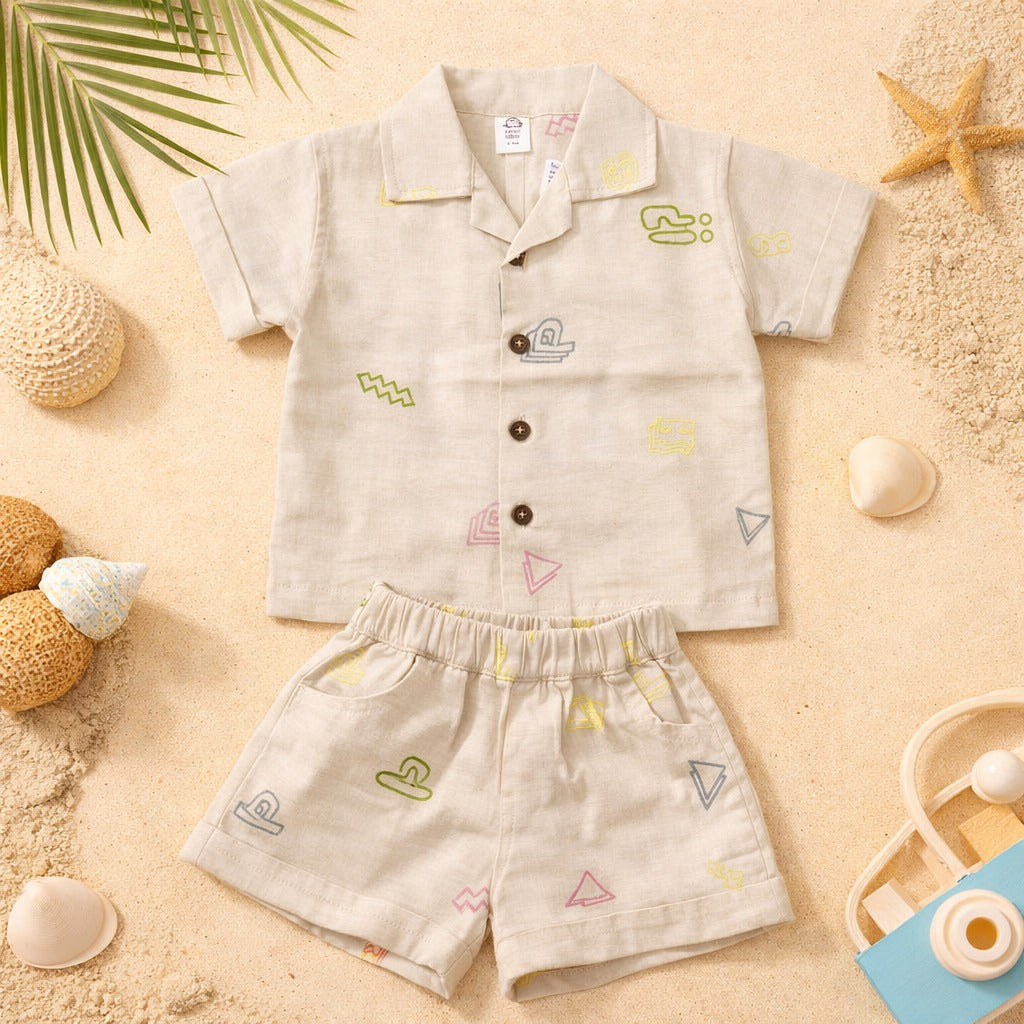 INFANT HOUSE Baby Boys Fawn Abstract Print Cotton Shirt & Shorts Set (3M–3Y)