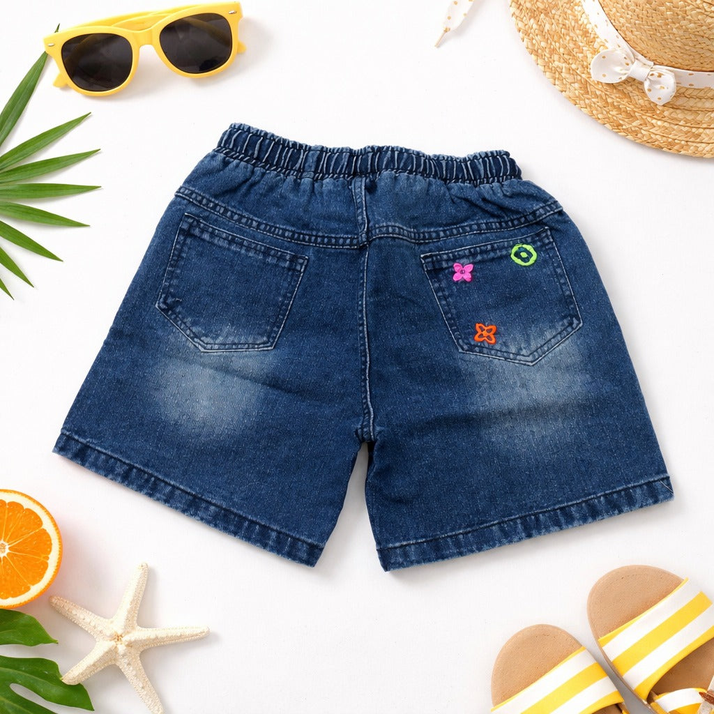 STILO MODA Kids Dark Denim Printed Shorts with Neon Drawstring (3Y–14+Y)