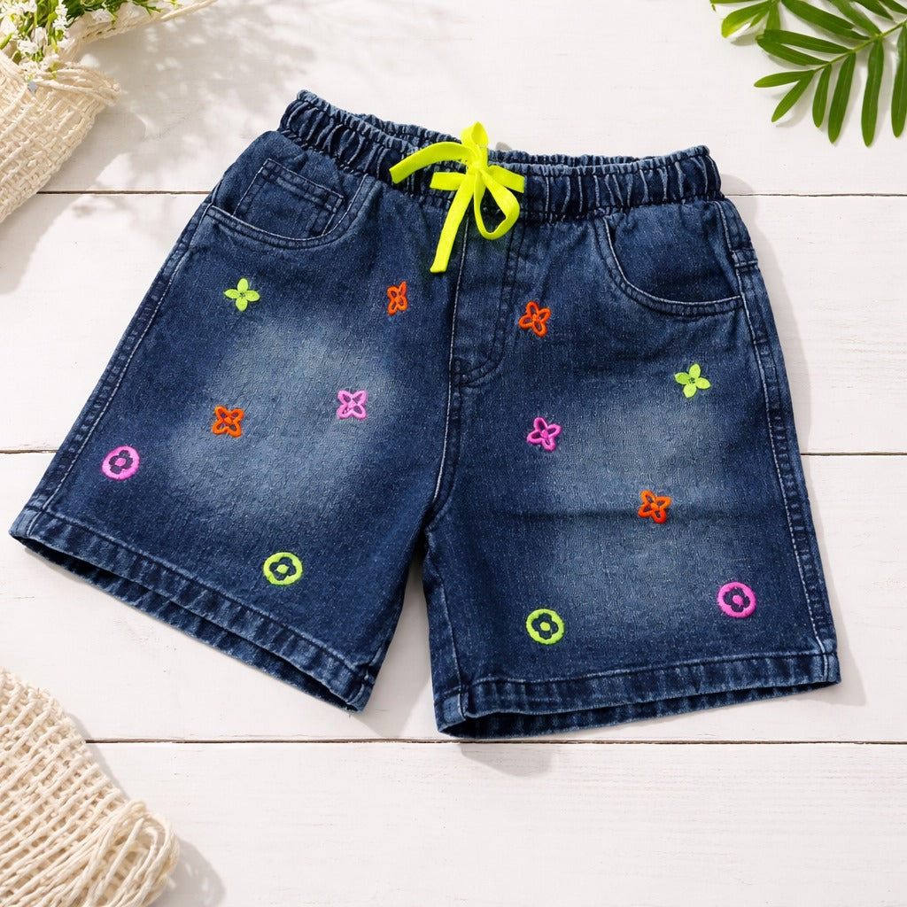 STILO MODA Kids Dark Denim Printed Shorts with Neon Drawstring (3Y–14+Y)