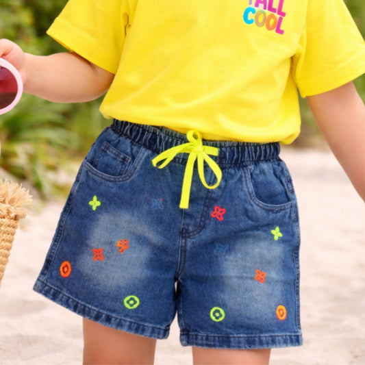 STILO MODA Kids Dark Denim Printed Shorts with Neon Drawstring (3Y–14+Y)