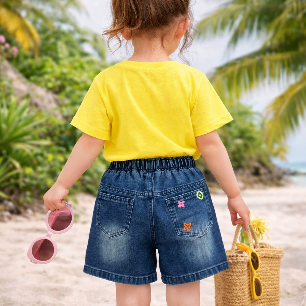 STILO MODA Kids Dark Denim Printed Shorts with Neon Drawstring (3Y–14+Y)