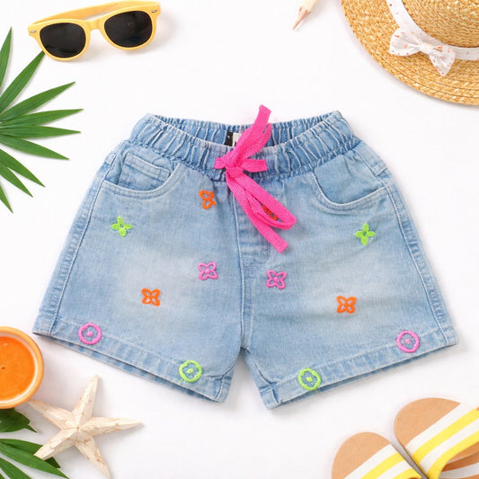 STILO MODA Girls Light Denim Embroidered Shorts with Pink Drawstring (2Y–14+Y)