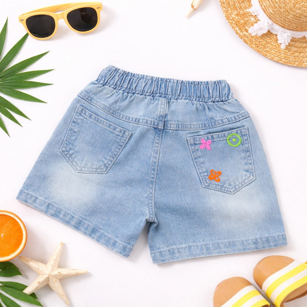 STILO MODA Girls Light Denim Embroidered Shorts with Pink Drawstring (2Y–14+Y)