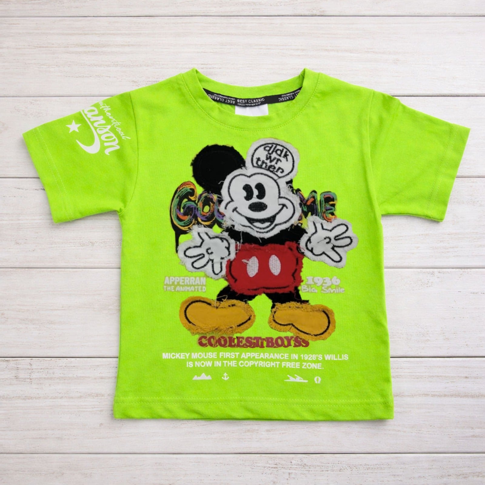 COOLEST Kids Cartoon Print Cotton T-Shirt (9M–3Y) – Red & Neon Green