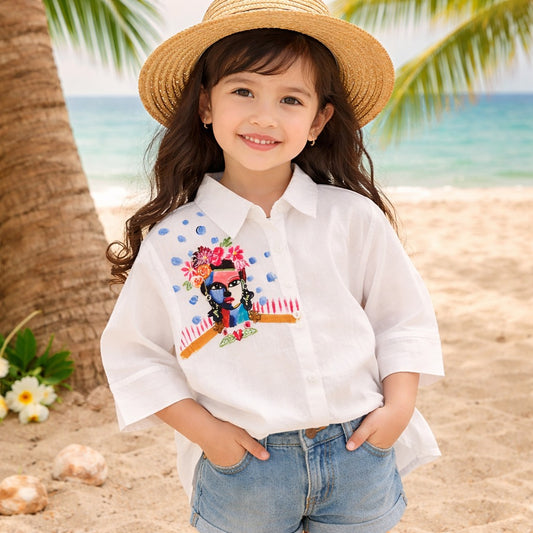 ROXY Girls White Embroidered Cotton Shirt Top (4Y–12Y)