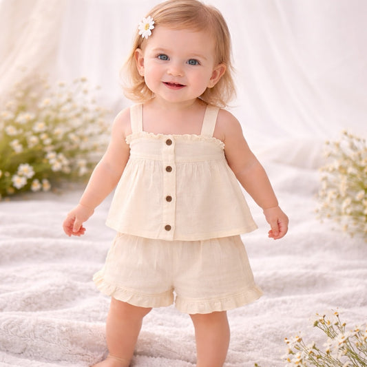 TOFFY HOUSE Baby Girls Yellow Cotton Top & Shorts Set (NB–9M)